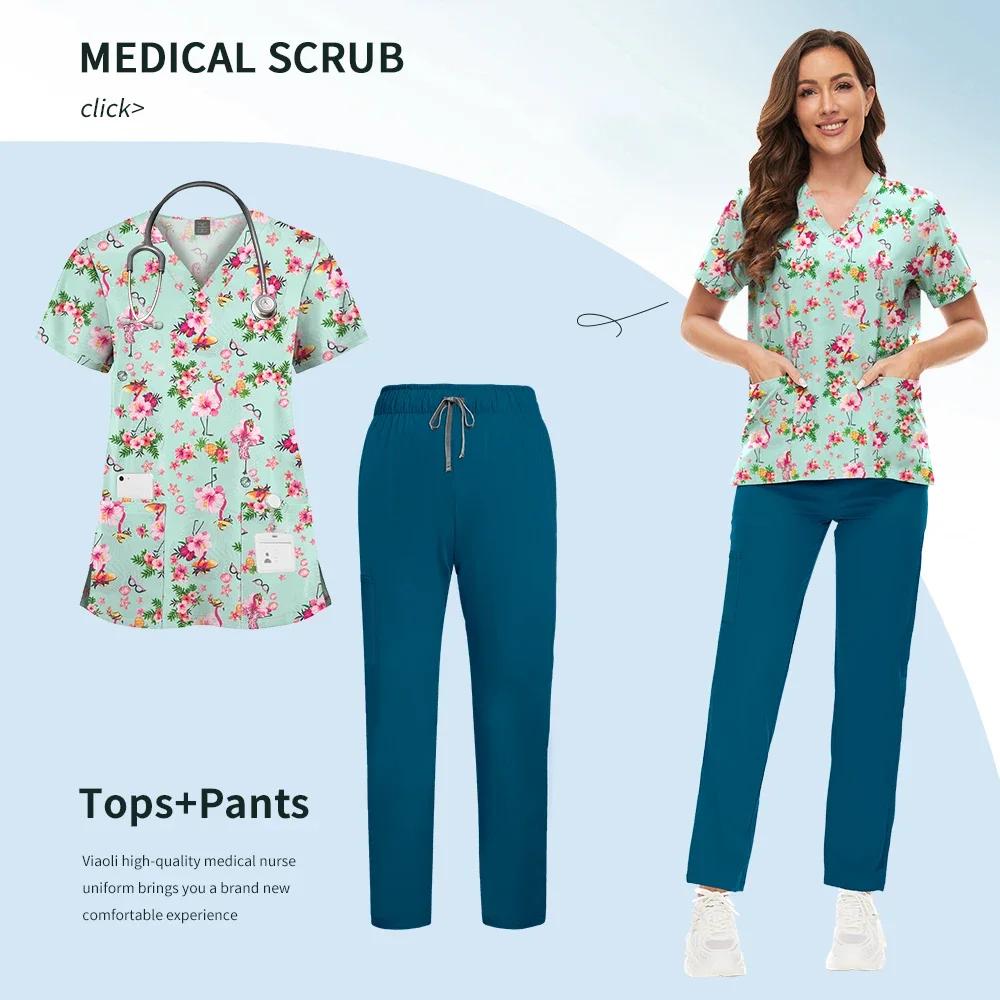 Printed Scrub Uniform Set V Neck Short Sleeves Pockets Top Medical Soft Scrub Pants Sets Nurse Surgical Uniforms Woman