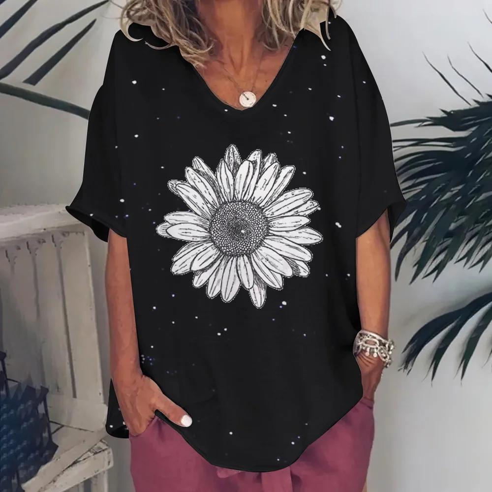 T-shirt manches courtes col en V pour femme, vêtement d'été à la mode, imprimé simple, surdimensionné, couleur unie