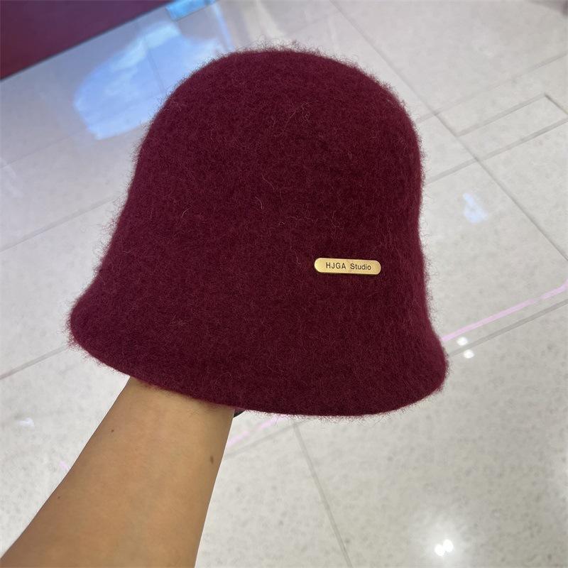 

Утолщенная шерстяная вязаная шляпа-ведро женская осенне-зимняя теплая литературная дамская куполообразная шляпа-прямой таз M（56-58cm） бордовый