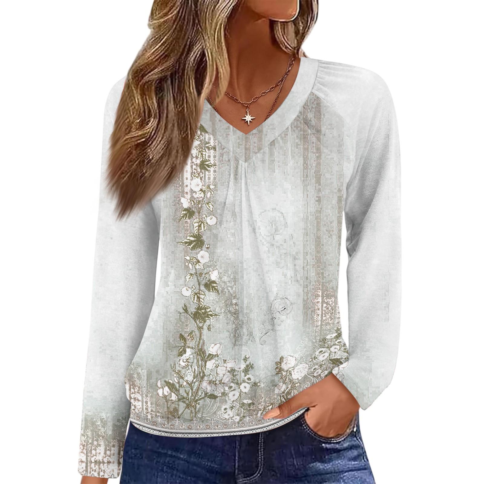 

Женский повседневный модный топ с V-образным вырезом, регланом, плиссировкой, ретро-принтом и длинным рукавом XL белый