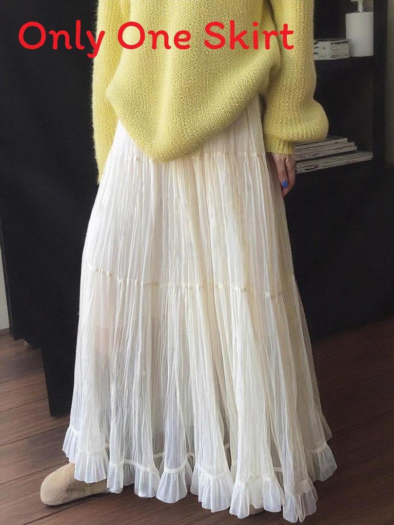 Pure Color Mesh Panel Long Skirt With Pleats For Casual Womens Fashion