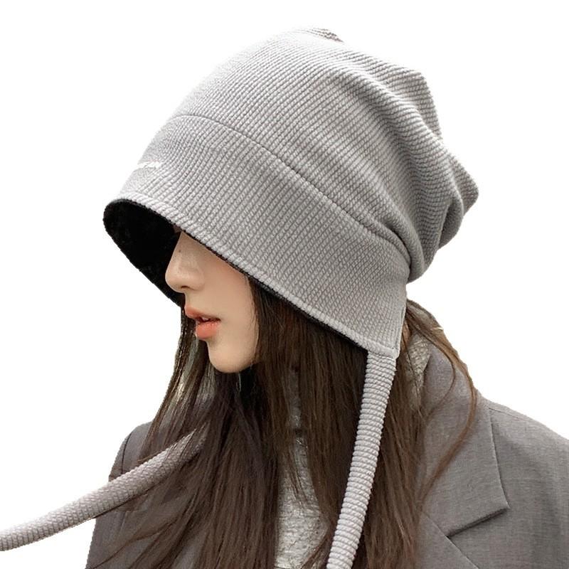 Wearable Hat for Women's Autumn and Winter Bag Head Hat Big Head Circumference Showing Face Small Pile of Hats Warm Knitted Cold Hat