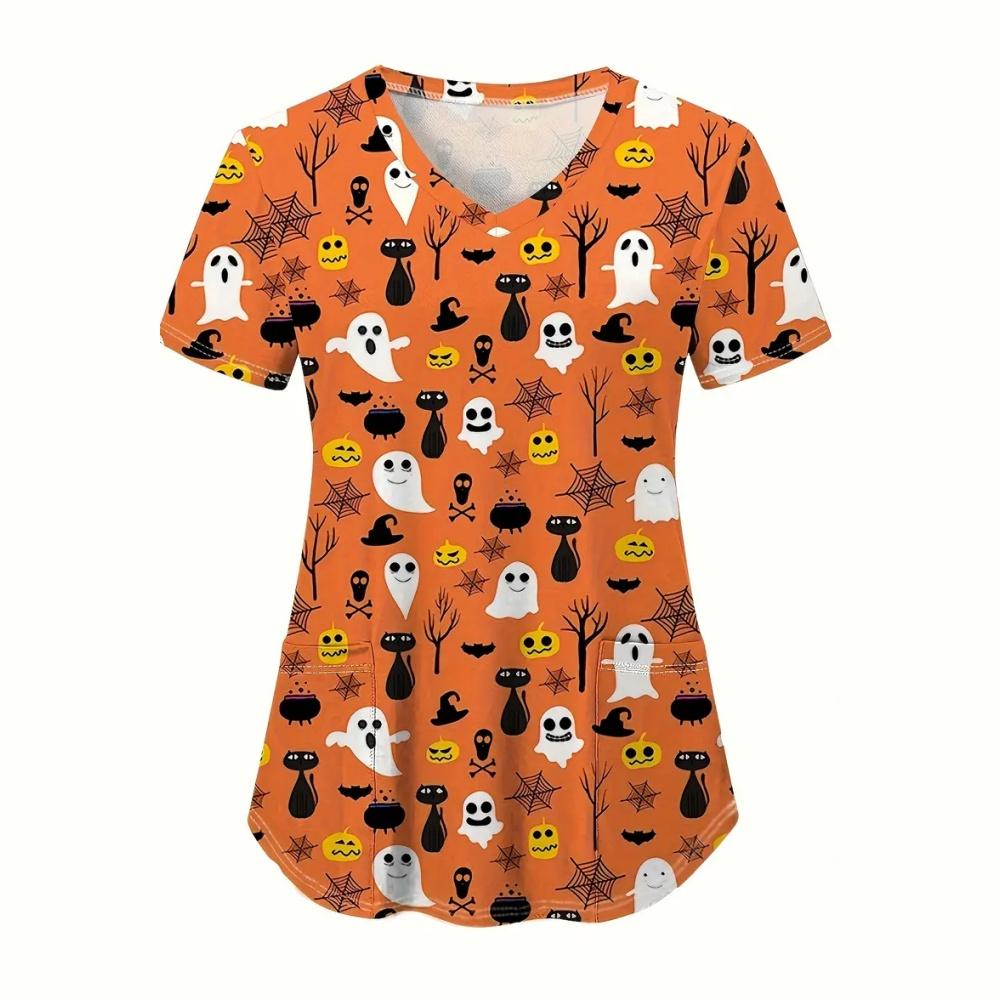 Halloween Clinical Uniform Woman Cute Little Ghost Print Healthcare Nursing Fashion V-Neck with Pockets Woman Medical Uniform