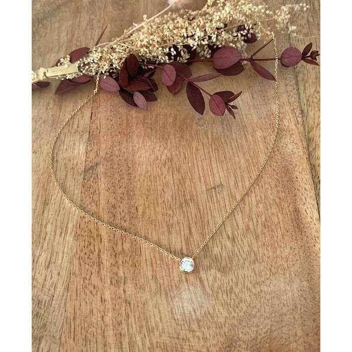 Collier Solitaire - Bijouxia - Ras-de-cou - Oxyde de Zirconium - Plaqué Or 18 Carats - 40 cm