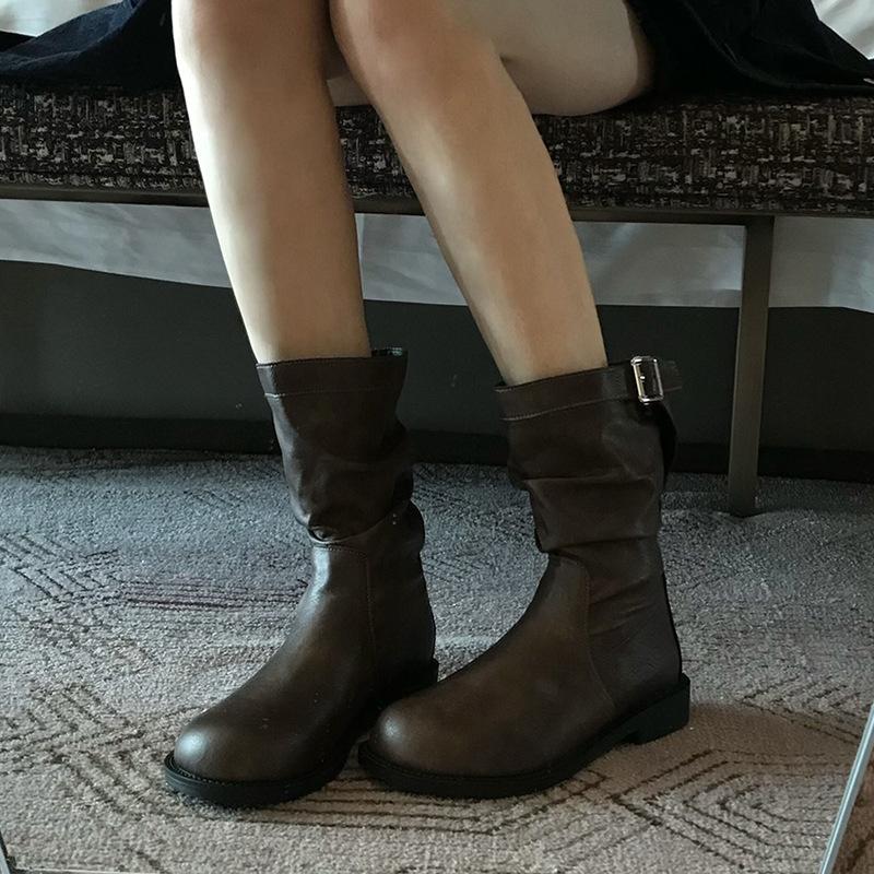 Super Fire! Korean Small Short Boots Women's 2025 New Spring and Autumn Single Boots Brown Round Head Fashion Pleated Medium Tube Martin Boots