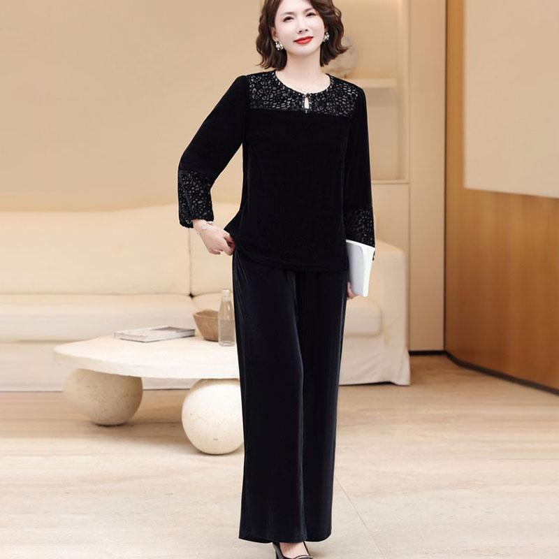 2pcs Pants Suit Autumn Women's Loose Plus-size Velvet Blouse High-waist Velvet Pants Two-piece Set