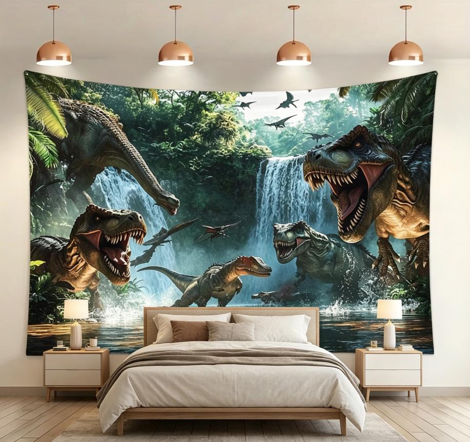 Realistische Dinosaurier Dschungel Wandteppich Prähistorischer Wasserfall Wandbehang Für Kinderzimmer Spielzimmer Wohnzimmer Ästhetische Dekoration Mult