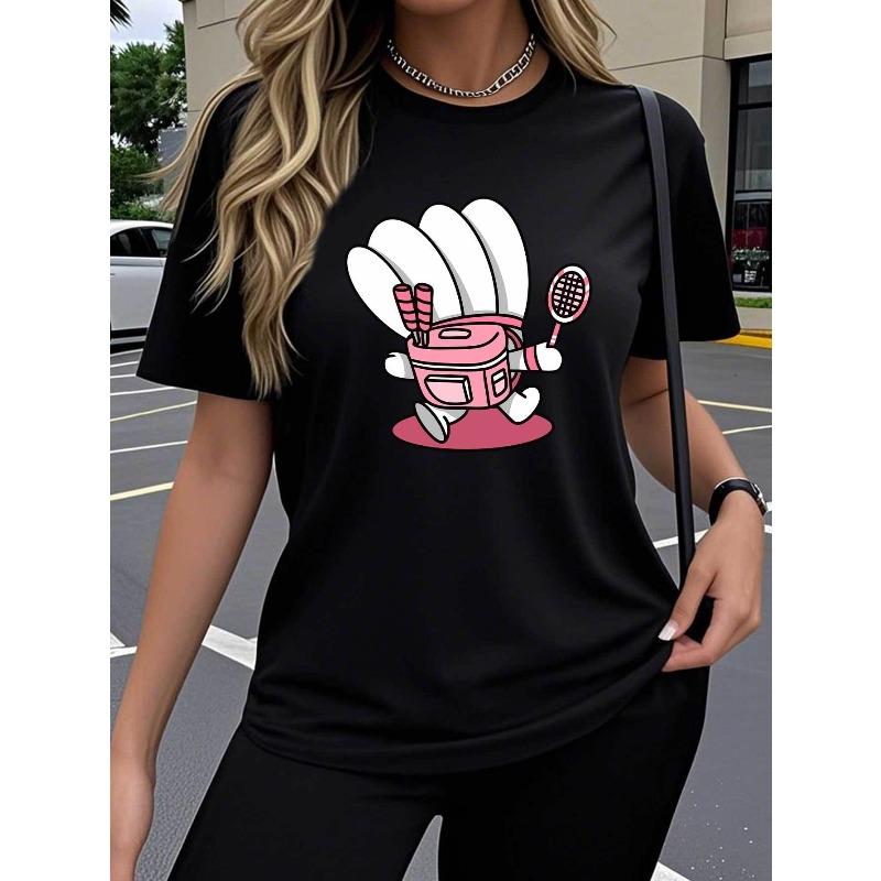 Women'S Short Sleeve T-Shirt, Cute Cartoon Badminton Design Trendy Artistic Creative Fun Hot Print Pattern, Breathable Stretchy Round Neck Top