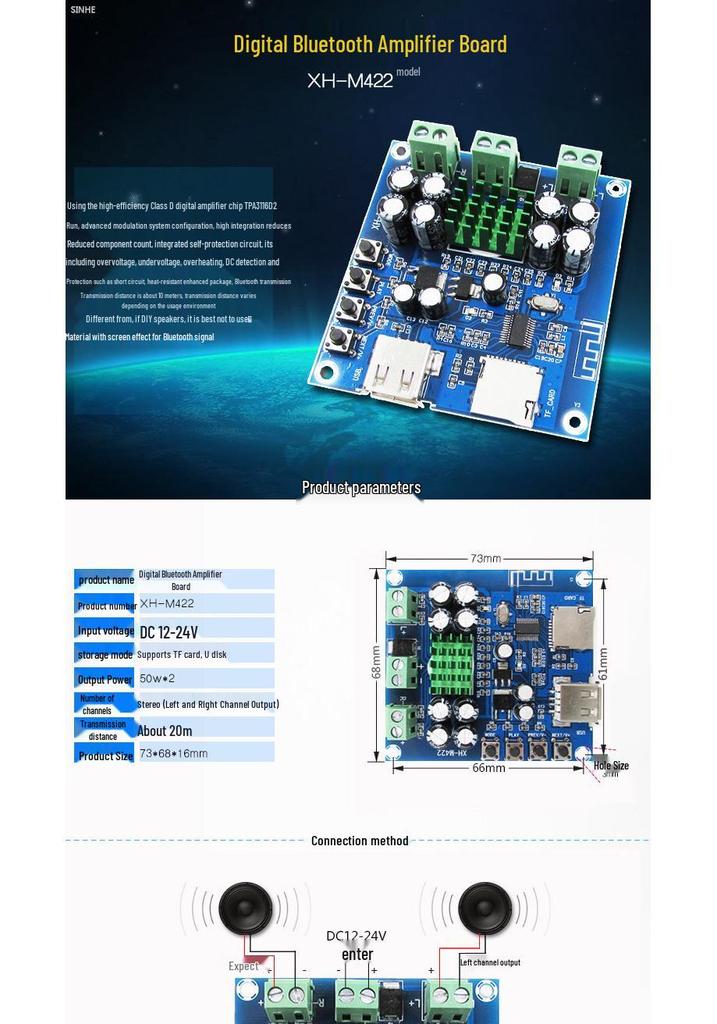 XH-M422 Dual 50W Bluetooth Amplifier Board with USB, TF Card Playback, TPA3116D2