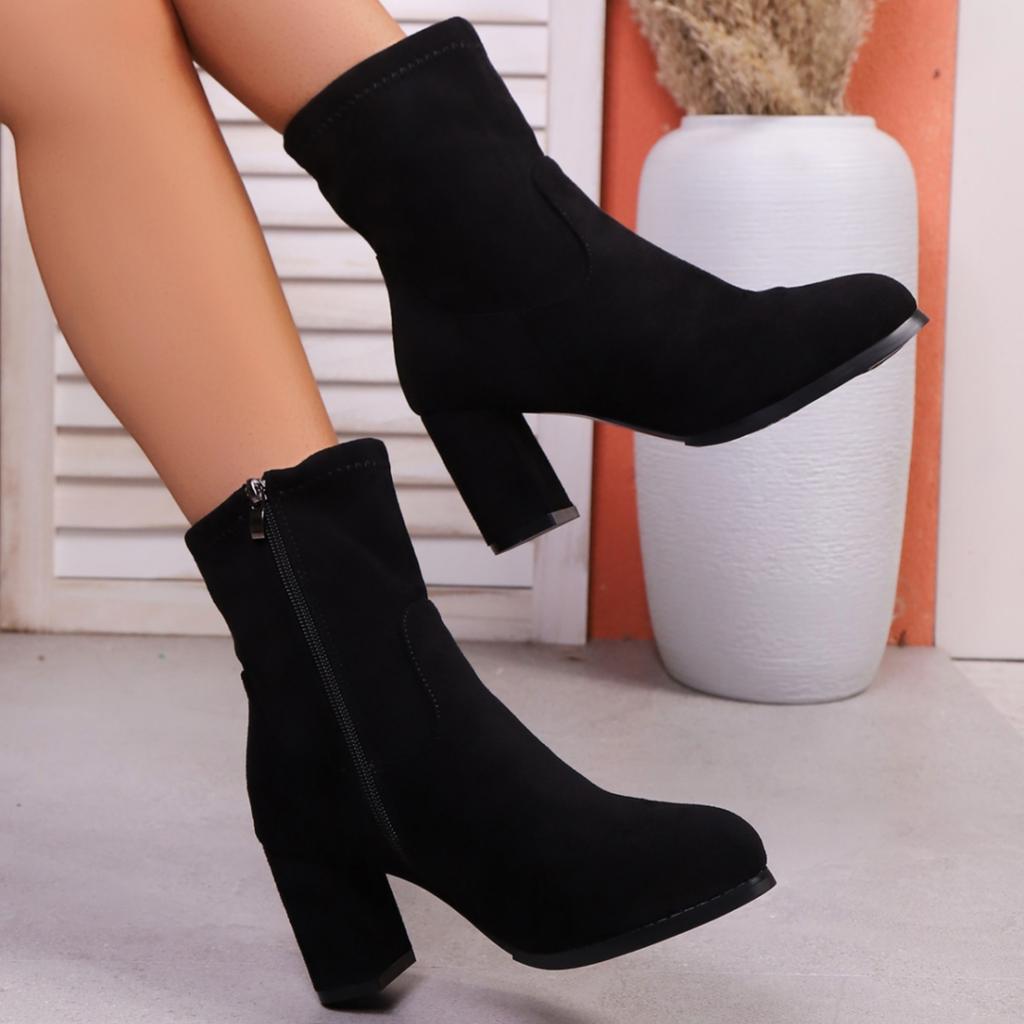 Zimní dámské semišové kozačky s kulatou špičkou a bočním zipem, sexy pracovní kozačky se čtvercovým podpatkem, elegantní protiskluzové ležérní jezdecké kozačky pro ženy