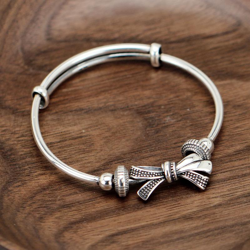 

Sterling Silver Bow Bracelet for Women Minimalist Vintage Student Mori Style Bangle Couple Gift Fashion Jewelry Adjustable Fit серебряный