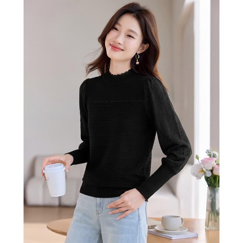 Sanpowa Women s Lace Semi-High Collar Long Sleeve Top M