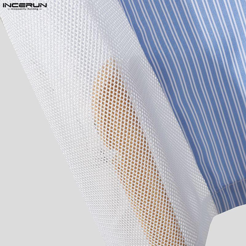INCERUN Two Pieces Summer Men O Neck Striped Hollow Patchwork Short Sleeve Tops and Shorts Sets