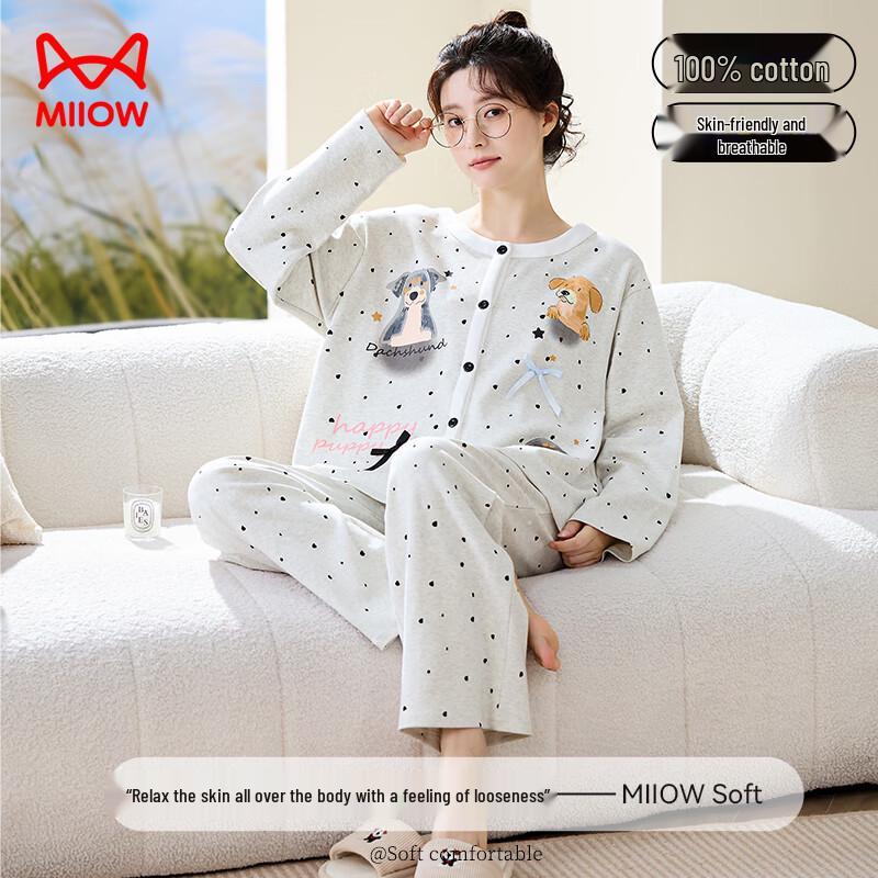 MaoRen Women s Cotton Polka Dot Dog Print Pajama Set L