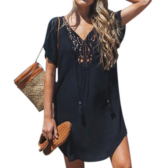 

Summer Beach Women Solid Color Lace Stitching V Neck Short Sleeve Mini Dress XL чорний