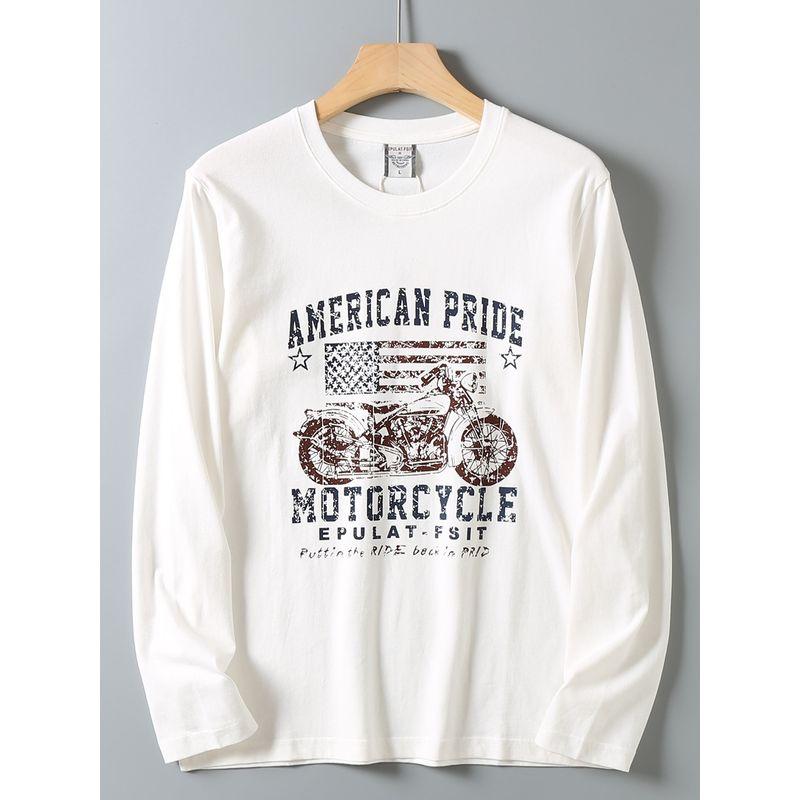 Original Foreign Trade Autumn and Winter Casual American Retro Print Simple Washed Loose Round Neck Long Sleeve T-Shirt Base Shirt for Men