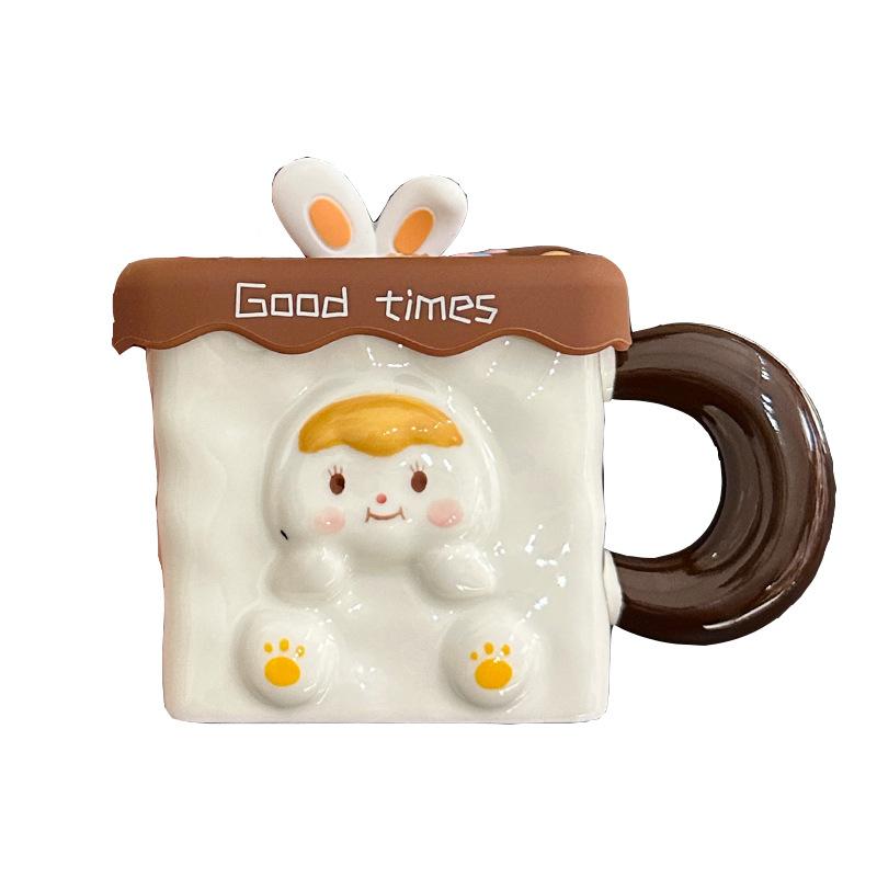 Cute Rabbit Ceramic Mug With Lid Pink Cute Water Cup Girl Heart Household Milk Straw Cup Souvenir