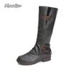 Women Fashion Cowboy Knee high Leather Side Zipper Autumn Spring Long Anti slip Buckle Straps Botas Mujer Low Heel