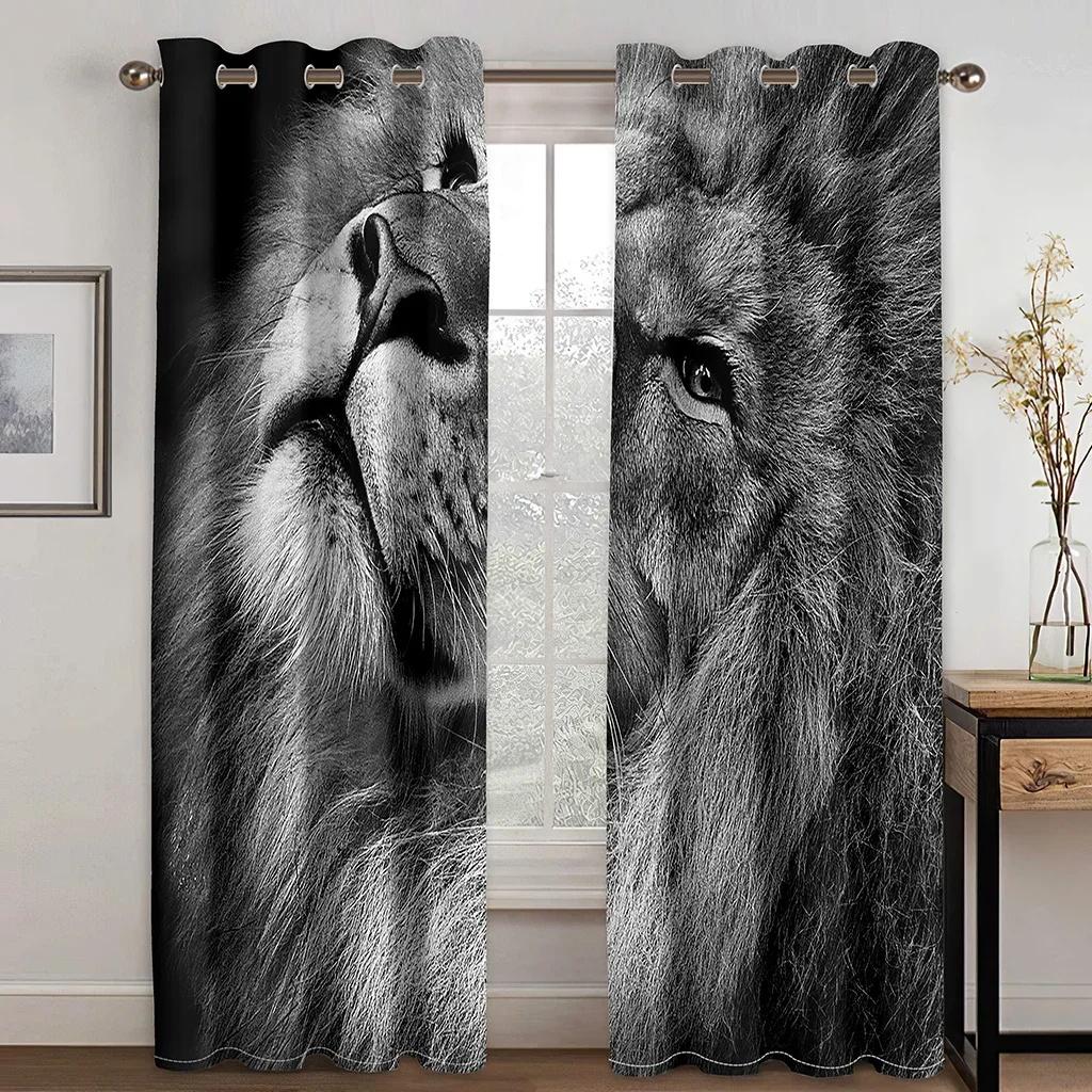 3D Digital Print Cheap Custom Animal Lion Tiger Two Thin Window Curtains for Living Room Bedroom Decor 2 Pieces