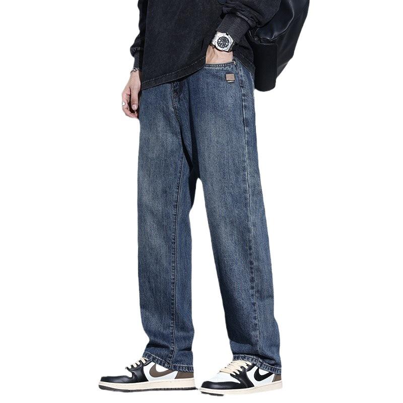 2025 Autumn Men's Blue Straight-Leg Loose Jeans, Fleece-Lined, Plus Size, American Retro Style, Thickened for Warmth.