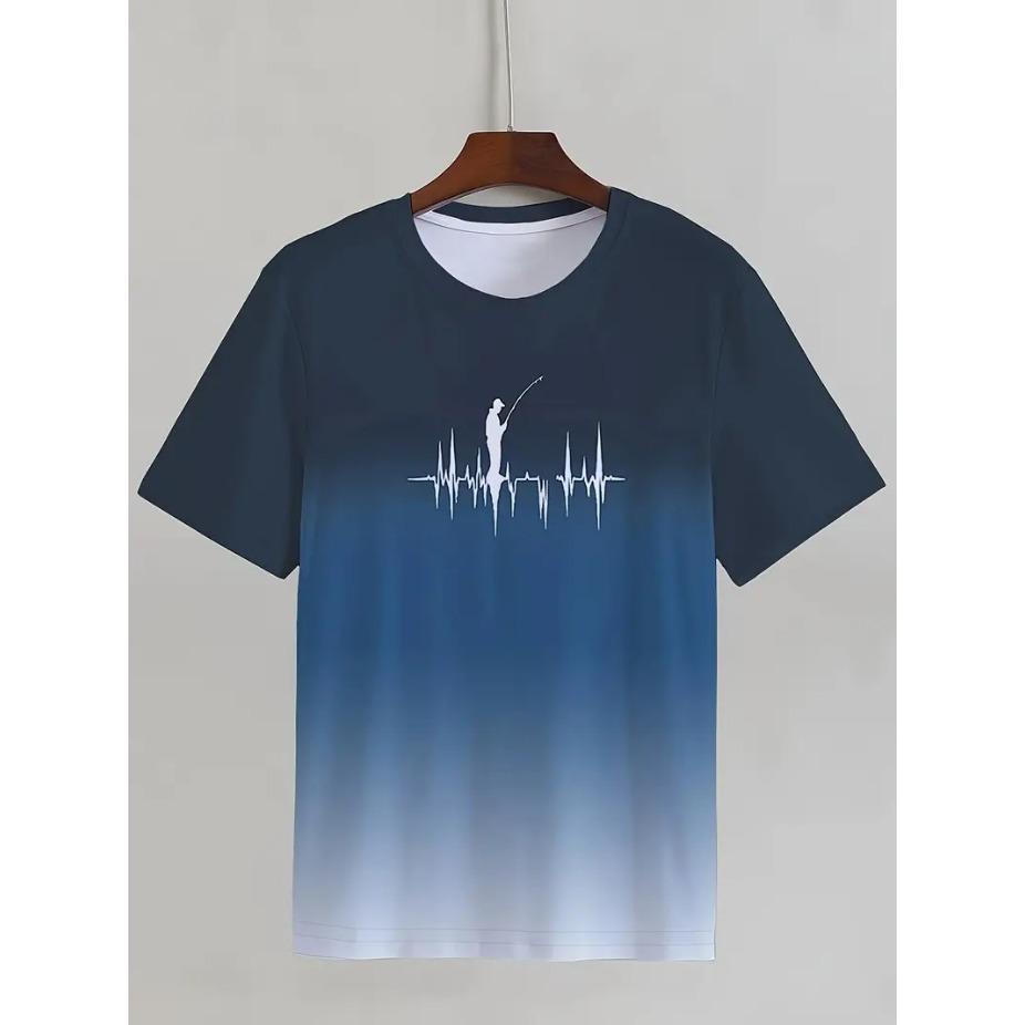 Fishing Print T-shirt, Men's Casual Street Style Stretch Round Neck Tee Shirt for Summer, Fishing Gear