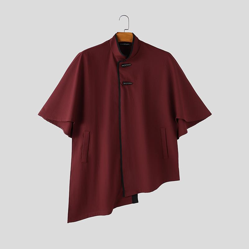 INCERUN Mens Vintage Stand Collar Cape Coat Batwing Sleeve Irregular Hem Streetwear Poncho Cloak