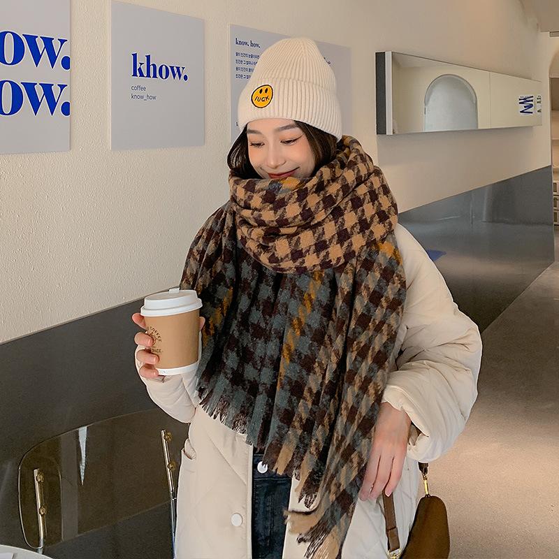 Houndstooth Plaid Ins Scarf Women's Autumn and Winter New Korean Version Versatile Student Shawl Warm Scarf Men's Trend