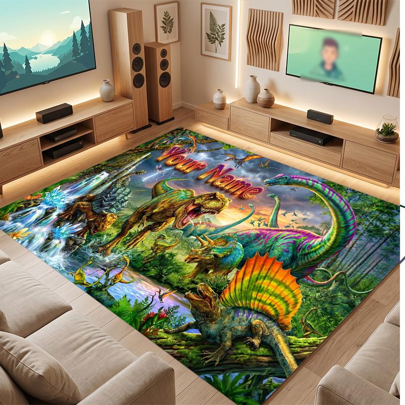 Dinosaur Theme Soft Crystal Velvet Rug Custom Name & Text Print Non Slip Floor Rug for Bedroom Living Room