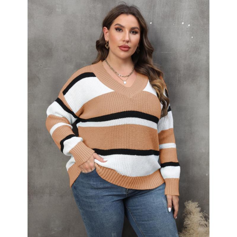 Women's Plus Size Pullover Fall New V Neck Color Patchwork Fashion Sweater