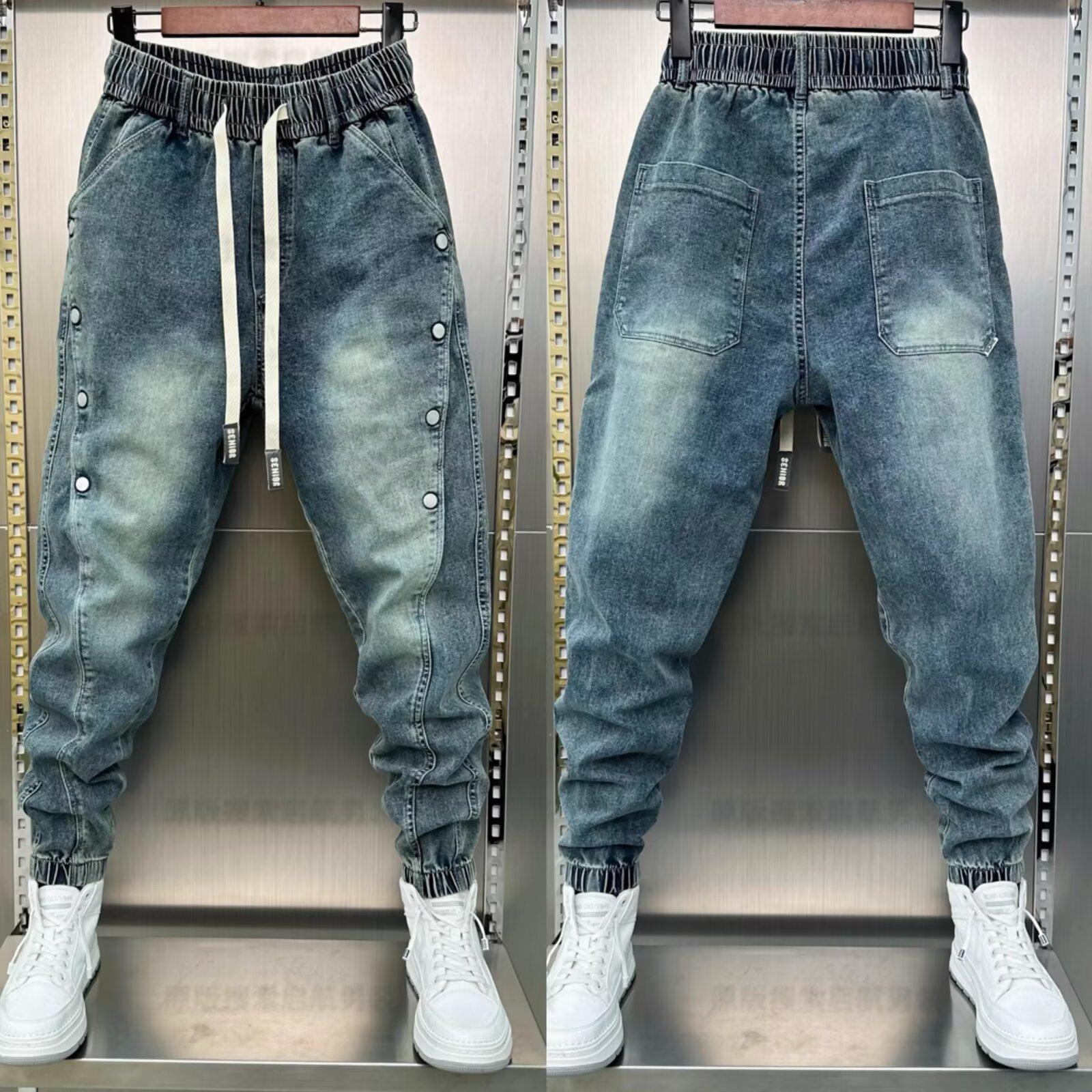 

Весна и Лето Шнурок Мужская Одежда Красивые Мужские Джинсы Эластичная Талия Пуговицы Декоративные Брюки Харлан Мужские S синий