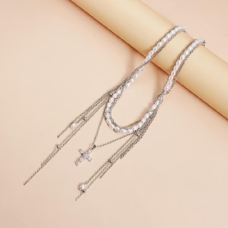 Unique Tassels Crucifix Necklace Simulated Pearls Adjustable Layering Chain Design Comfortable Lightweight Women’s Jewelry