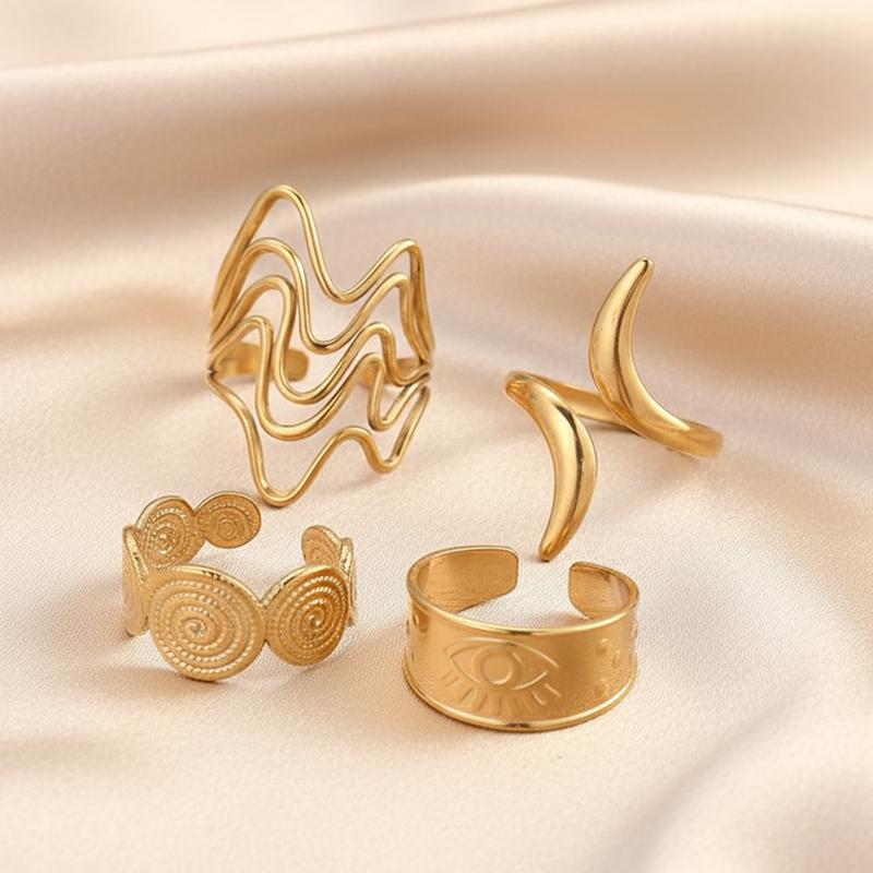 4Pcs Stainless Steel Geometric Ring Set for Women Exquisite Round Threaded Open Rings Vintage Hip-Hop Versatile Jewelry Gift New