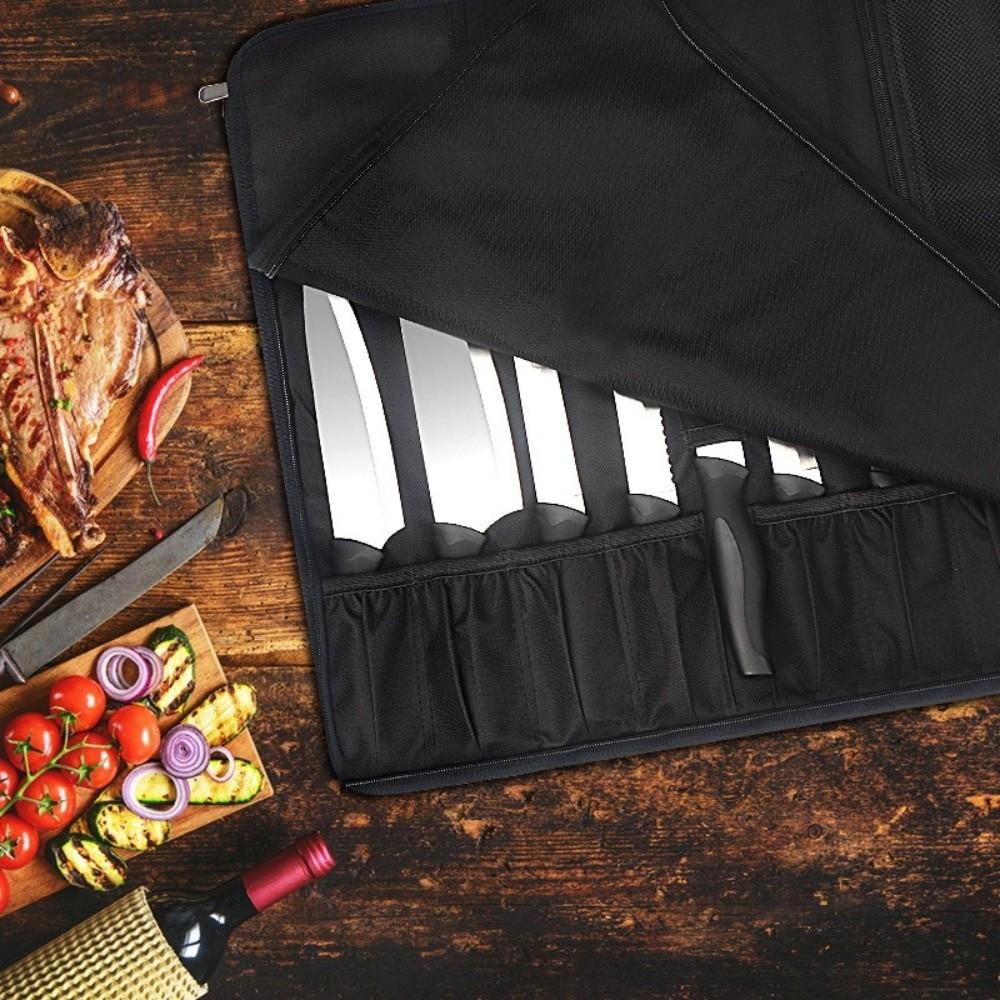 Oxford Material Chef Knife Roll Bag with Shoulder Strap Carry Handle Knife Storage Bag Large Capacity Double Folded Design