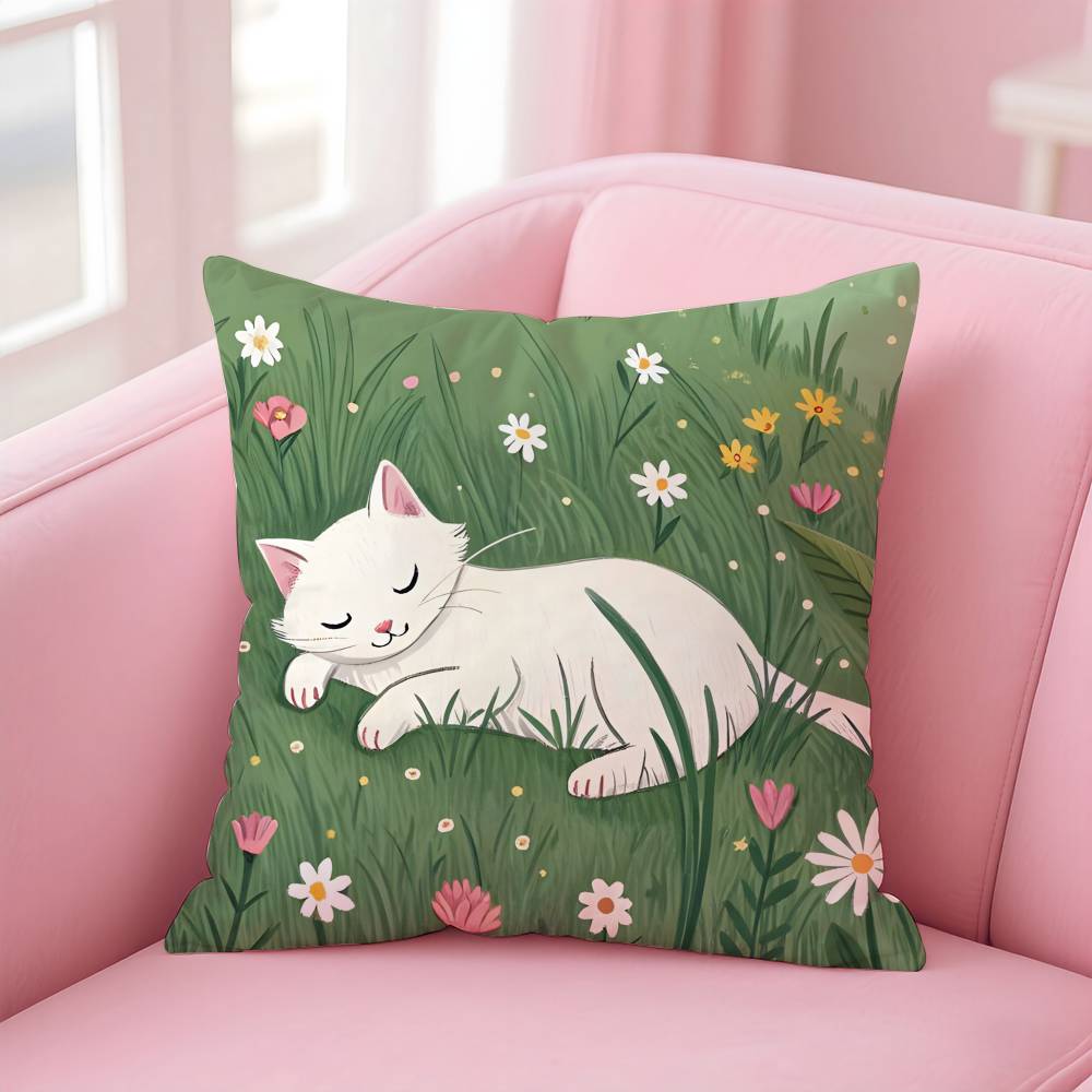 Cat In the Flowers Aesthetic Pillow Case Pattern Printing Pillowcase Living Room Sofa Cushion Cover Bedroom Room Decor