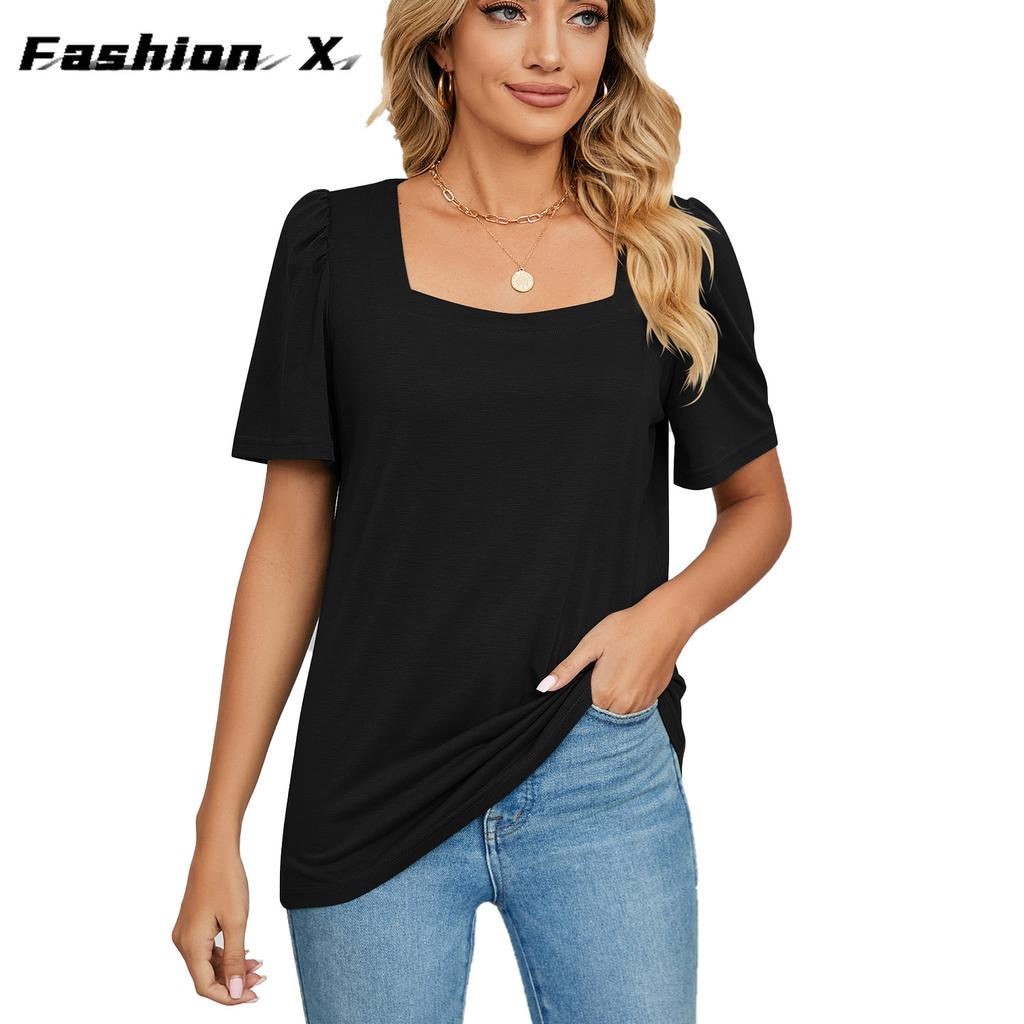 Printemps et Été Nouveau T-shirt ample à manches courtes et col carré de couleur unie Tops tricotés Femme