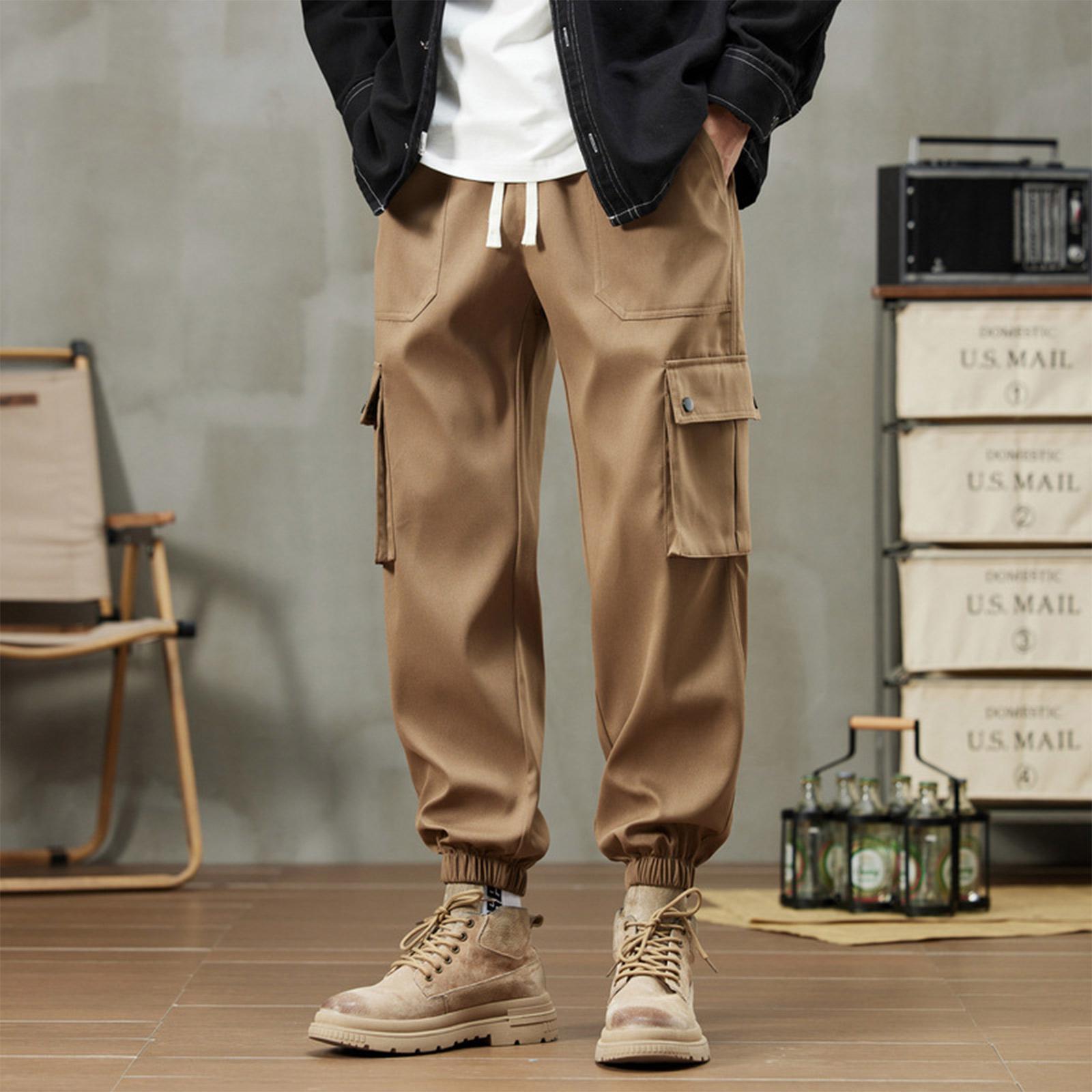 

Men s Solid Color Overalls Loose Fitting Drawstring Pants Trendy Multi Pocket Casual Pants XL хаки