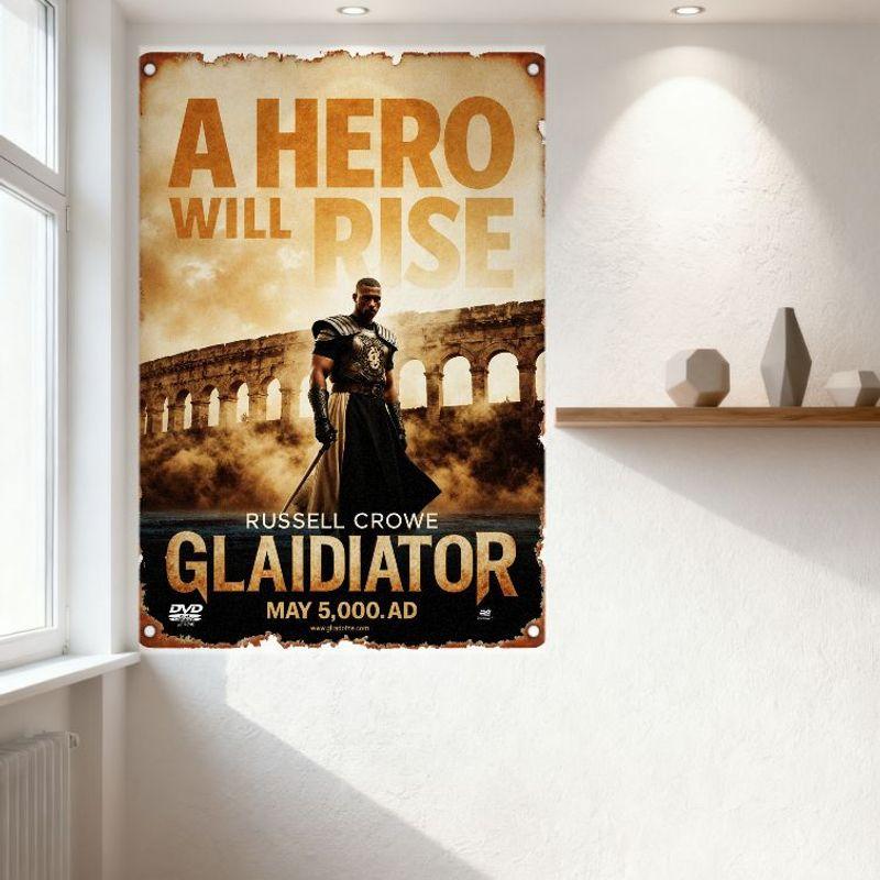 Vintage Gladiator Filmplakat Metallblechschild, Russell Crowe Abgenutzter Alter Stil, Ein Held wird aufsteigen & 5000 n. Chr. Text, Heim Ba