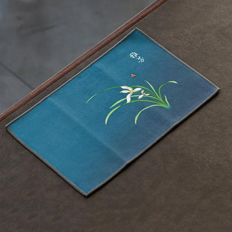 Chinese Painted Flower Pattern Thickened Tea Towel Plush Imitation Deerskin Absorbent Water Rag Tea Napkins Cloth Tea Ceremony