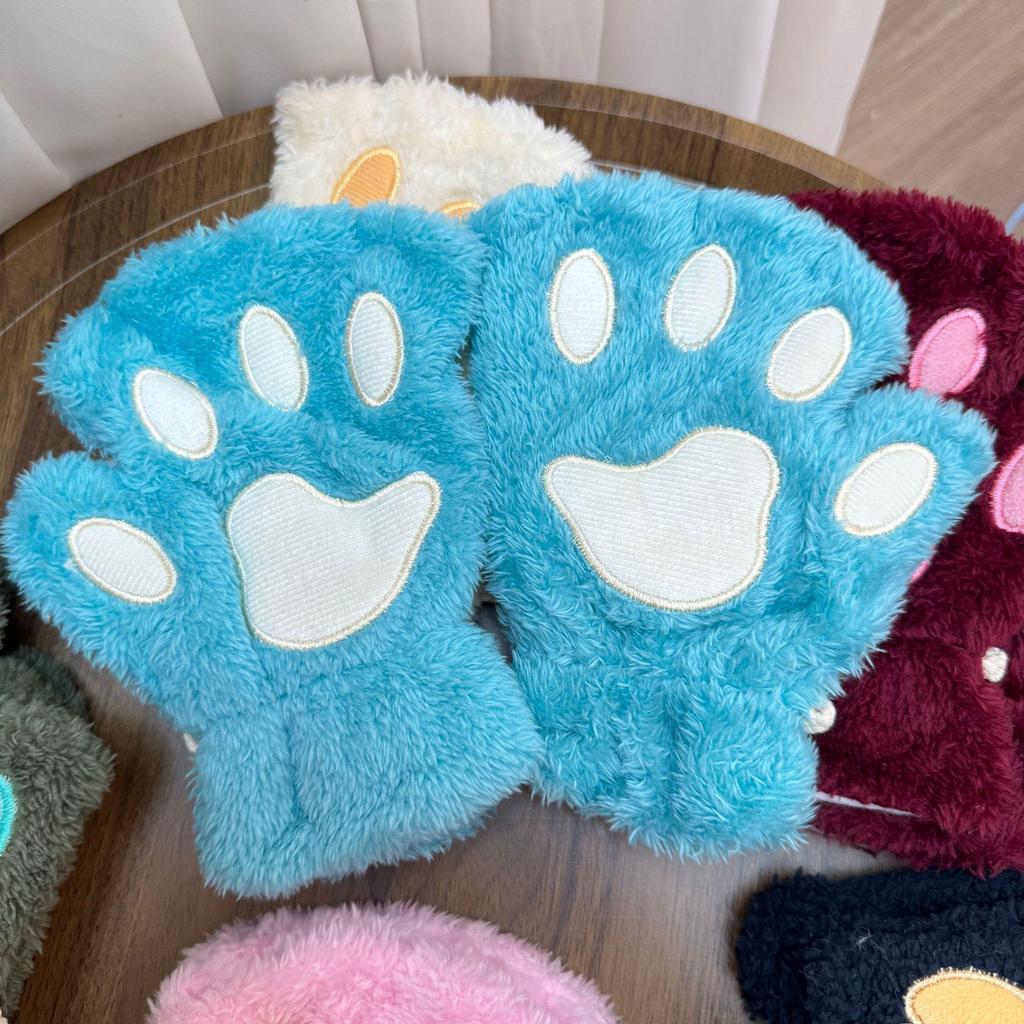 Women's Cute Cat & Bear Paw Fingerless Fleece Gloves