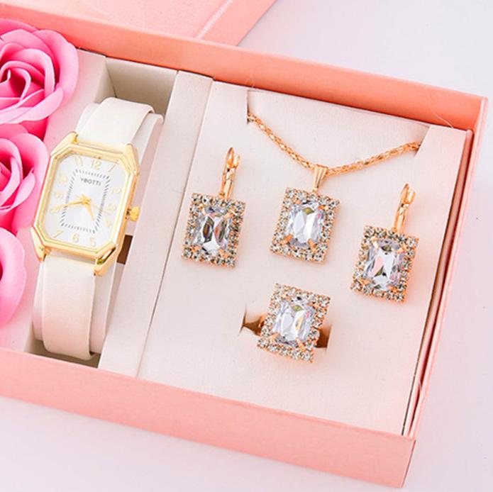 

Light Luxury New Square Roman Watch Set Leather Strap Gem Bracelet Fashion Couple Watch Qixi Festival bulk price