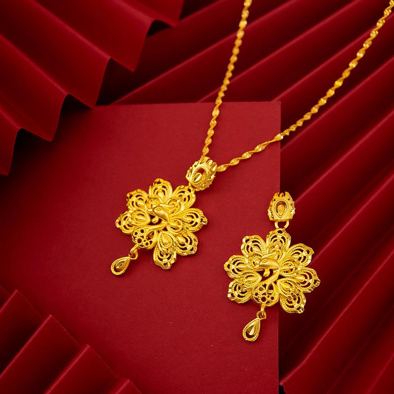 Vietnamese Gold-Plated Peacock Pendant: Ethnic Brass Water Drop Design for Women's Wedding Costume