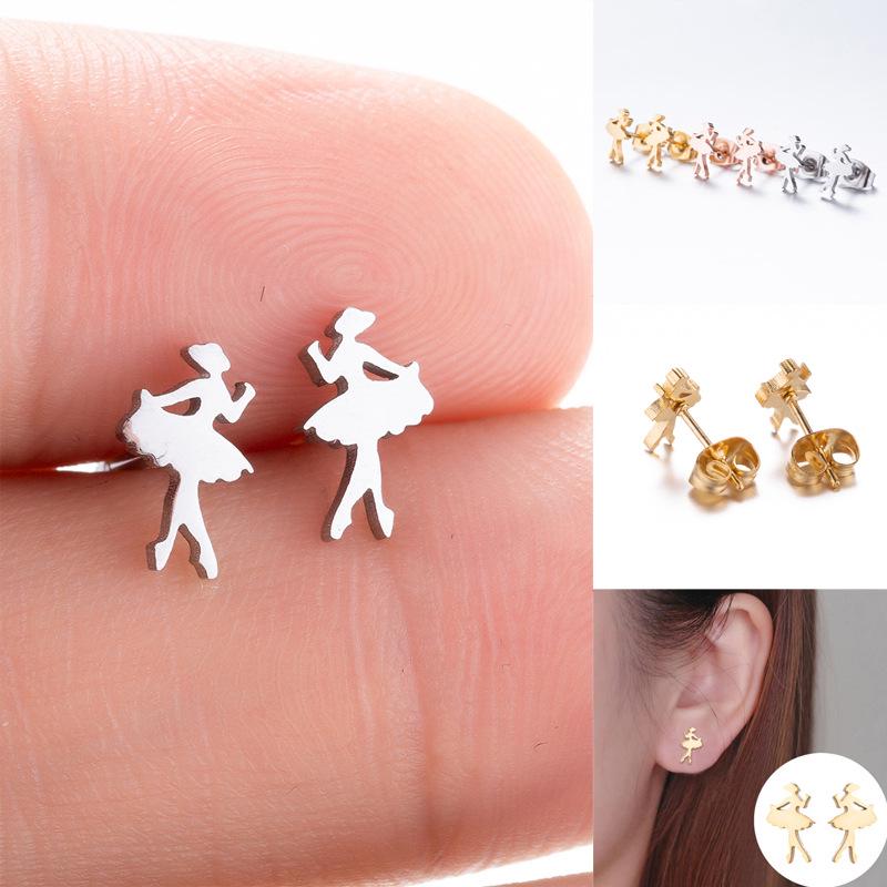 Dancing Girl Stainless Steel Earrings: Korean Style, Cute Mini Ear Studs