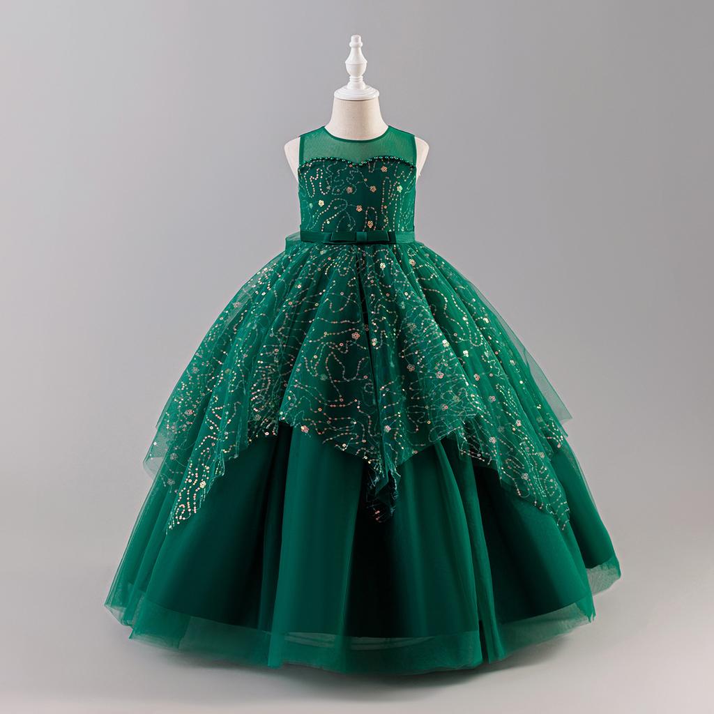 Girls' Sleeveless Princess Print Puff Skirt Evening Gown for Choir and Summer