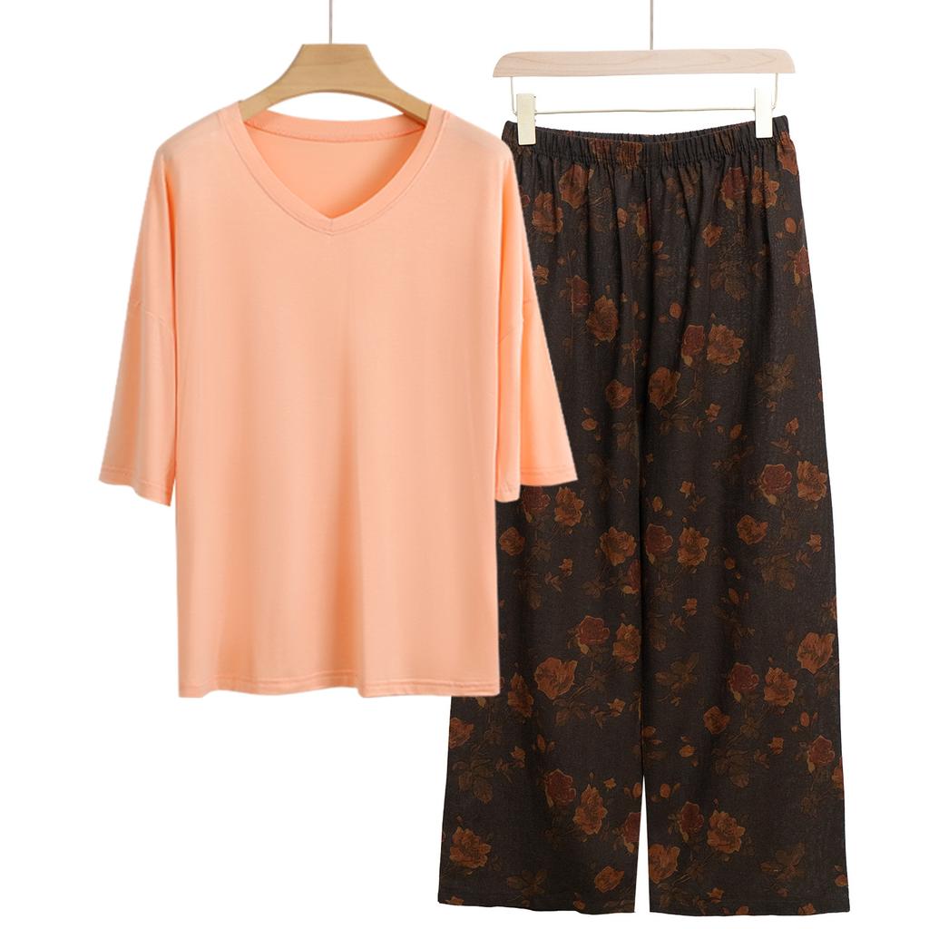 Pajamas Women's Spring and Summer New V-neck Short-sleeved Cotton and Linen Pants European and American Large-size Loungewear Two-piece Set