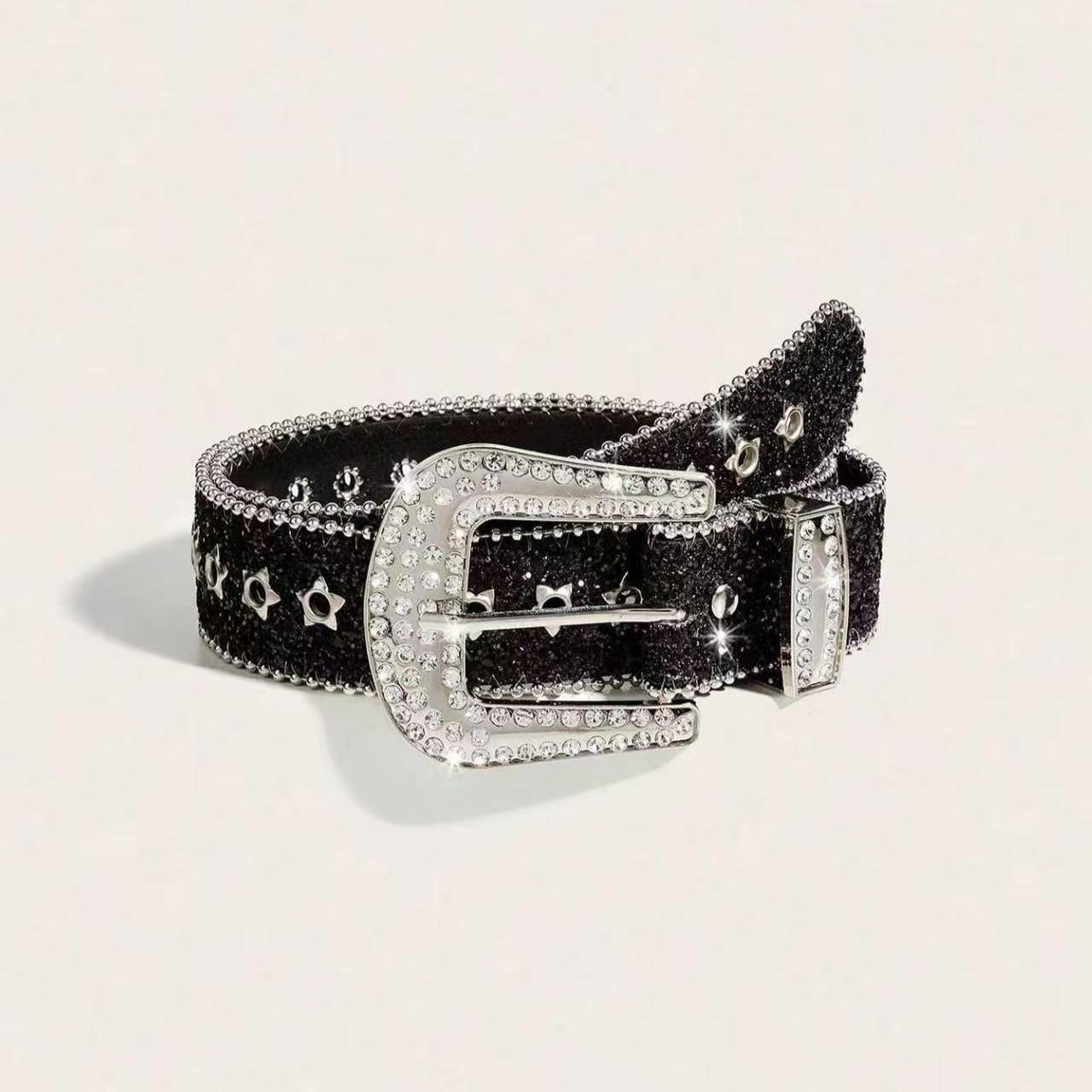 Y2K Rhinestone Star Leather Belt - Retro Millennium Style 102cm x 3.8cm чёрный