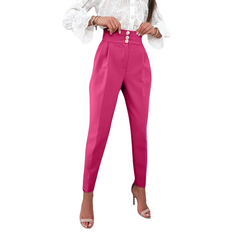 Women's Solid Color Slim Button Zipper High Waist Pocket Calf Pants