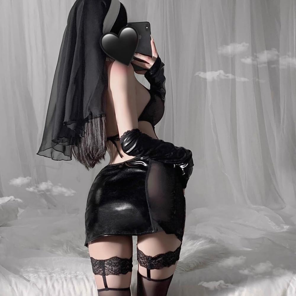 SHLYMP Cosplay Erotic Sister Sexy Cosplay Extreme Naughty Nun Maid Outfit Maid Slit Lingerie Underwear Temptation Training Costume Cute Pretty Saint