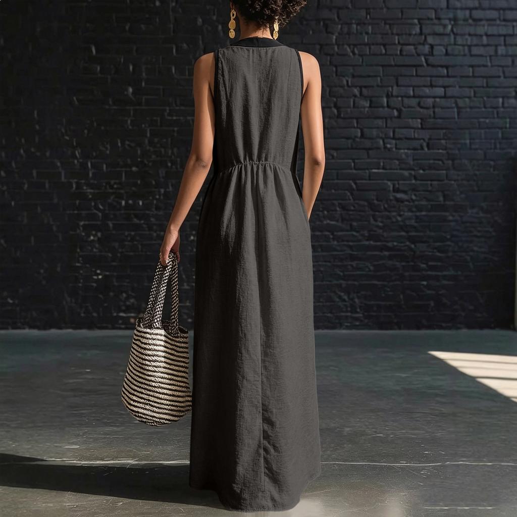 Women Deep V Neck Long Dress Sleeveless Patchwork Design Flowy Casual Elegant Maxi Dress for Daily Wear Beach Holiday