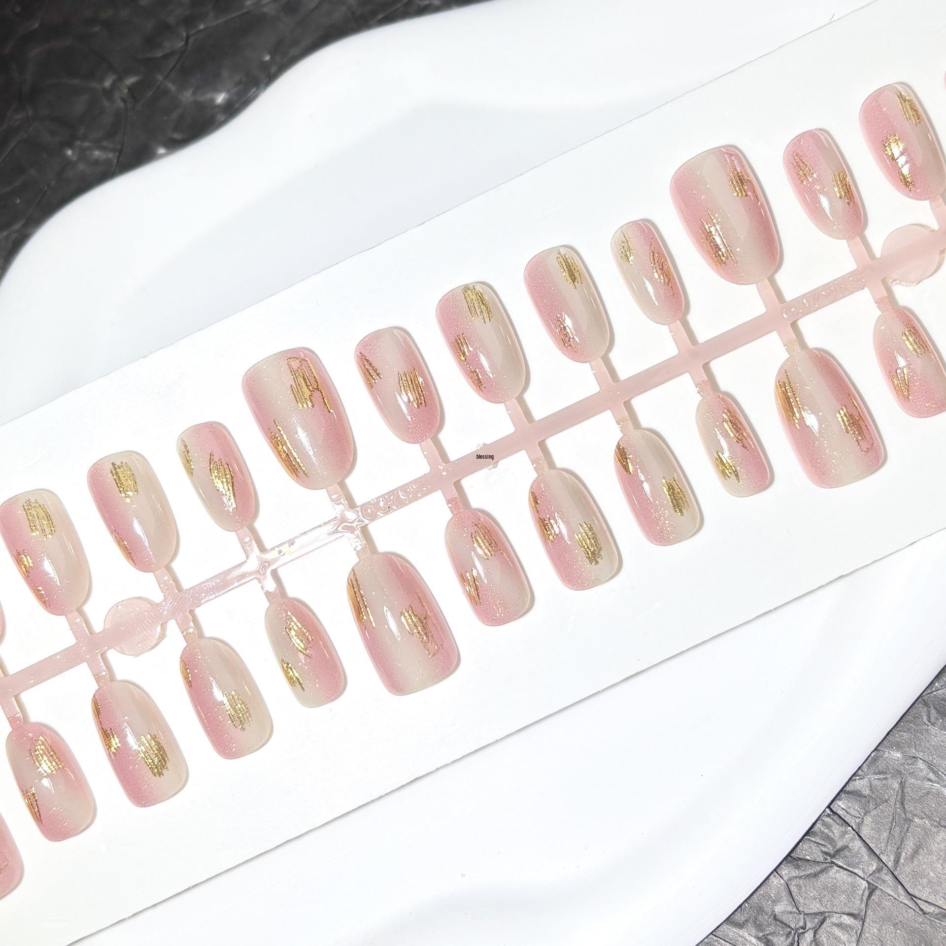 

Розовый градиент, позолоченные накладные ногти: Дизайн «кошачий глаз» с мелким глиттером, нежные, простые патчи для нейл-арта в корейском стиле для девочек