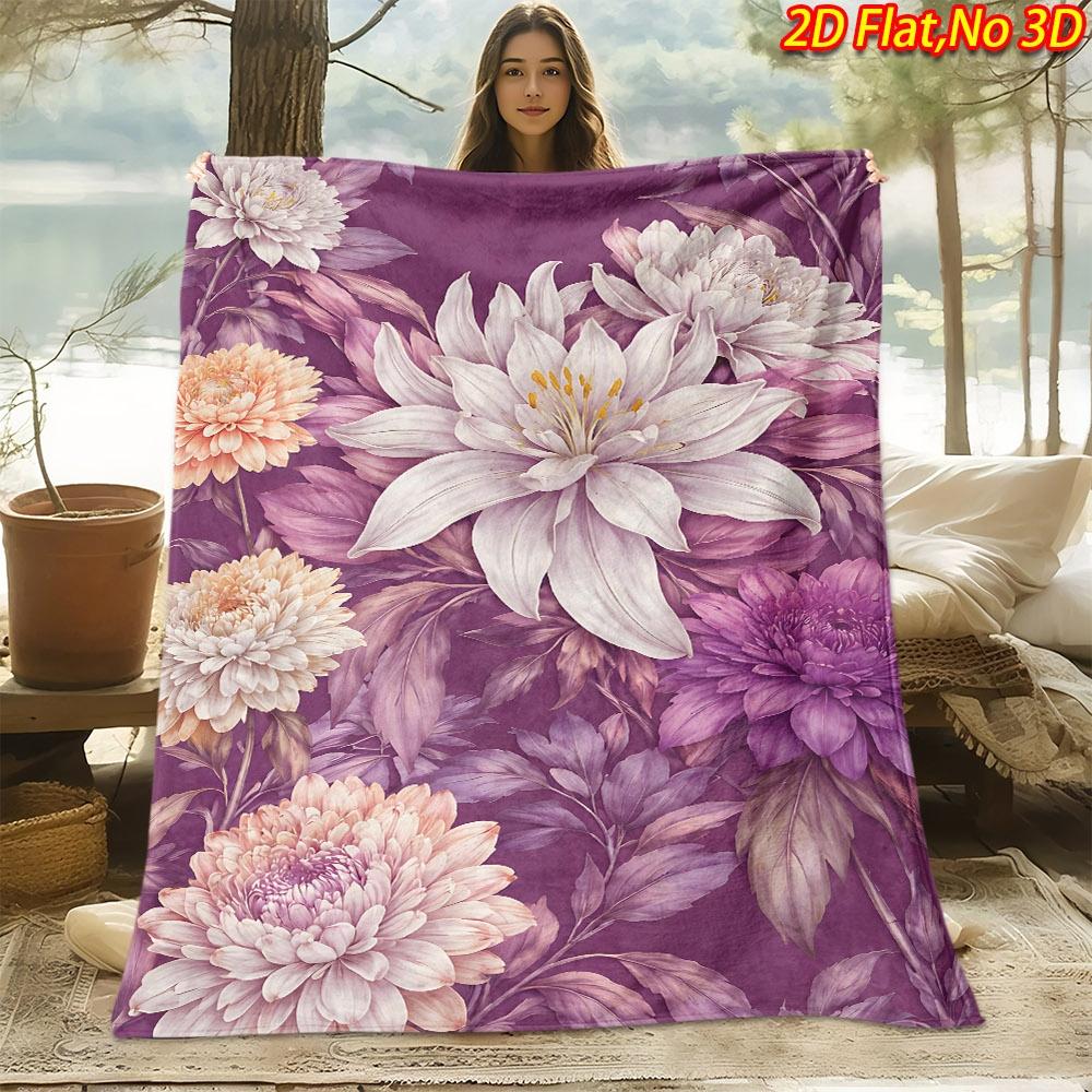 1pc 2D Flat Printing Spring And Summer New Arrival Elegant Lily Flower And Multicolor Chrysanthemum Pattern Digital Print Blanket, Throw, Soft And Com